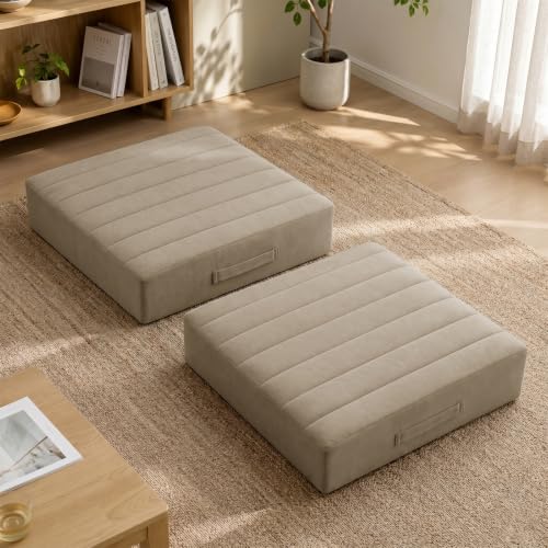 JKMAX 2 Pcs High Density Foam Floor Pillow - Upgraded Large Pillows Seating for Adults - Outdoor Floor Cushion with Soft Tufted Cover - Yoga Pillows for Sitting On Floor - 22 Inch Khaki - color: Khaki, size: 2 Counts