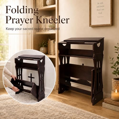 Foldable Prayer Kneeler,Wooden Prayer Bench with Storage Shelf, Cushion Pad,Portable Kneeling Devotional Pew Bench,31" H x 22" W,Ideal for Church and Chapel,Black