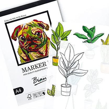 Bianyo Bleedproof Marker Paper Pad, A4(8.27"X11.69"), 50 Sheets, 18 LB / 70 GSM, Glue-Bound, 100% Cotton, White, Ideal for Use with Markers and Ink Mediums - size: A4(8.27*11.69"), 50 sheets