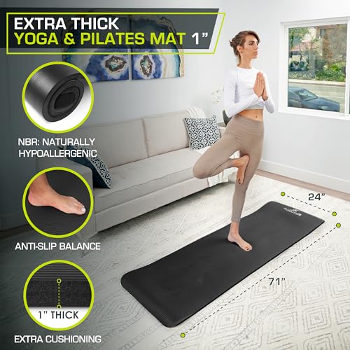 ProsourceFit Extra Thick Yoga and Pilates Mat 1/2” (13mm) or 1" (25mm), 71-inch Long High Density Exercise Mat with Comfort Foam and Carrying Strap - color: Black, size: 1"