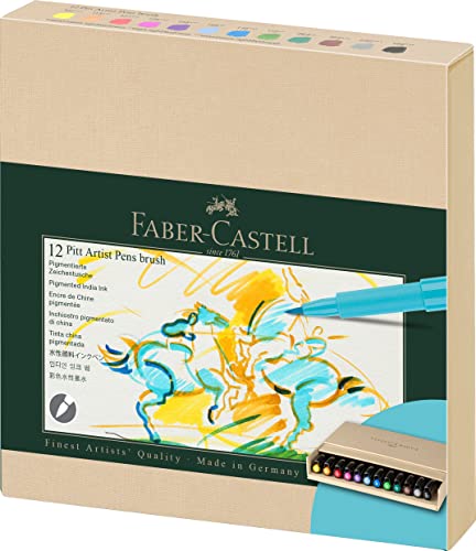 Faber-Castell Art & Graphic Pitt Artist Pen Brush India Ink Pen, Multicoloured, Studio Box Of 12, For Art, Craft, Drawing, Sketching, Home, School, University, Colouring