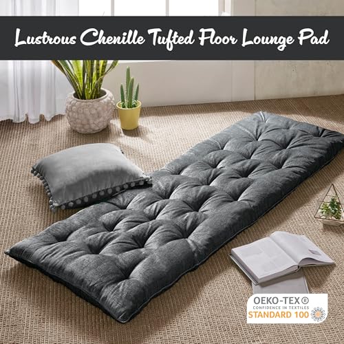 Intelligent Design Foldable Lounge Floor Pillow 27" x 74" Charcoal | Edelia Poly Chenille Soft Sheen Cushion, Tufted Seat for Meditation, Game Playing, Yoga, Reading with Travel Wrap - color: Charcoal