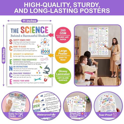 Lalunia 4 Pcs Science Posters for Classroom Decor (11"x 16") - Lab Safety Rules, STEM Wall Art for Middle School, Teacher Supplies, Bulletin Board Decorations, Science Classroom Must Haves - color: Science