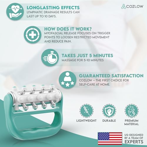 MyoRelease Lymphatic Drainage Massager - Green - Handheld Massage Roller | Cozlow - fascia release massage tool for shoulder, neck, belly, thigh, leg, back, glutes - helps reduce cellulite appearance - color: Green