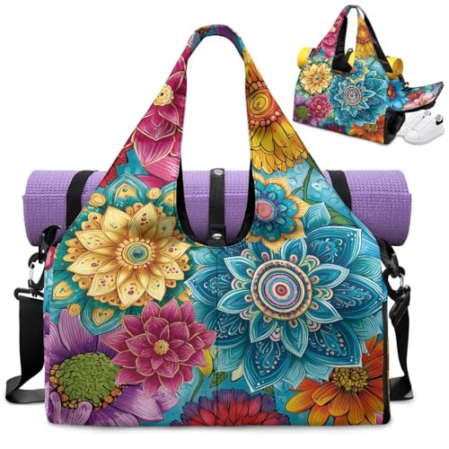 Mandala Women's Gym Bags Waterproof Yoga Mat Bags with Shoe Compartments Double Zipper Sports Bag Colorful Flower Shoulder Bag for Girls Practice Work - color: Boho Mandala