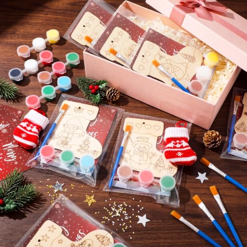 Saypacck 24 Pcs Christmas Stocking Party Favors Wooden Paint Craft Kits | Unicorn Mermaid Designs, Brushes Paints Organza Bags Included, Birthday Goodie Bag Fillers, Kids Girls Thank You Gifts - style: Christmas Stocking