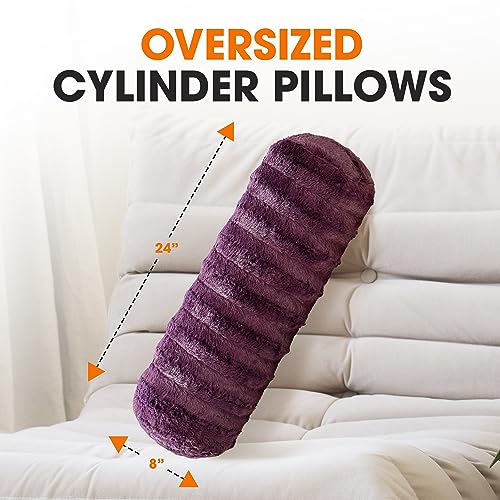 Cheer Collection Faux Fur Bolster Pillows – Soft Decorative Cylinder Pillows for Bed or Couch, Machine Washable – 8” x 24”, Set of 2, Purple - color: Purple