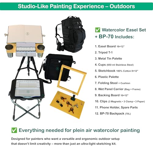 Outdoor Watercolor Easel Set | Portable Plein Air Watercolor Easel System with Studio-Like Ergonomics | 70L Backpack, Tripod, Wet Panel Carrier & Stool | Sketchbook, Palettes, Cups & Clips - size: Easel Set T1 + BP70 Backpack (12x16")