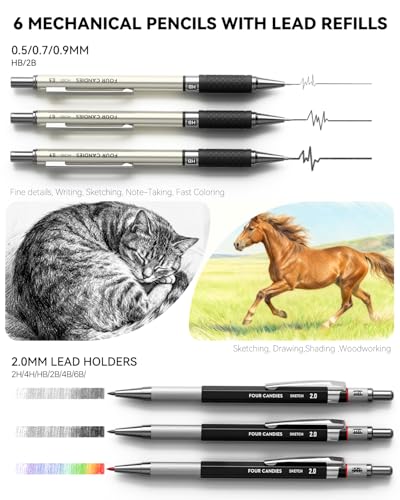 Four Candies 73PCS Advanced Drawing Kit with Professional Art Supplies | Fineliner Pens, Mechanical Pencils, 3-Color Sketchbook, Charcoal Sticks,Pastels for Sketching Drawing Comics, Artists