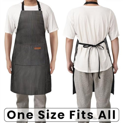 BeLuyi Adjustable Bib Apron with 2 Pockets Chef Cooking Kitchen Restaurant Aprons for Women Men - color: Black Pinstripes