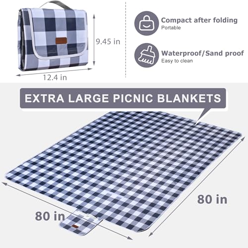 80"x80" Extra Large Waterproof Outdoor Mat - Sandproof Foldable Picnic Blanket for Family Camping, Backyard, Beach Parties - Heavy Duty & Easy Storage (Gray&White) - color: Gray White, size: 80" x 80"