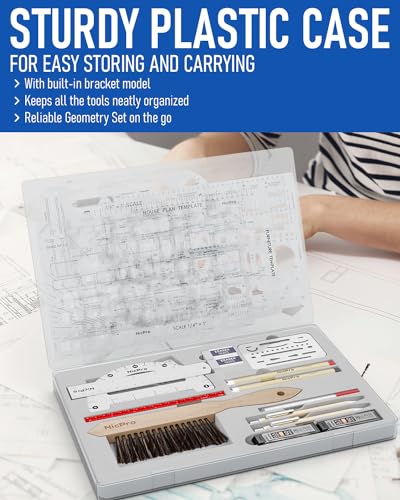 Nicpro 21PCS Professional Drafting Tools & Geometry Set with Case, Architect Compass & Protractor Set, Metal Pencils, Pens, Scale Ruler Metal Ruler, 5 Drawing Templates for Interior House Plan Design - size: 21 PCS