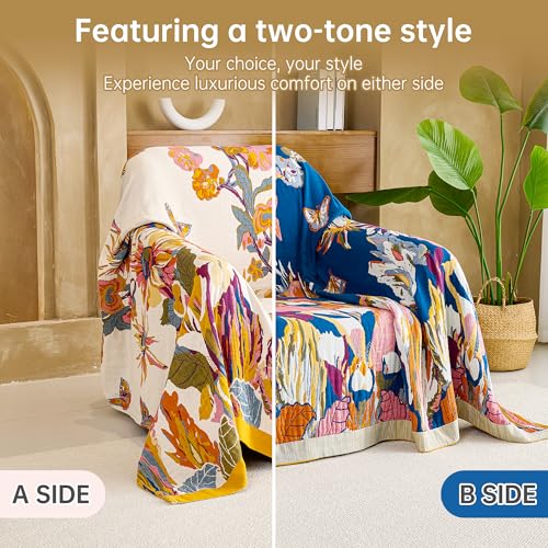VANJOROY Boho 담요, 100% 유기농 면 127x152.4cm(50x60인치), 카우치 베 - color: 꽃-나비, size: 담요(50 x 60인치)
