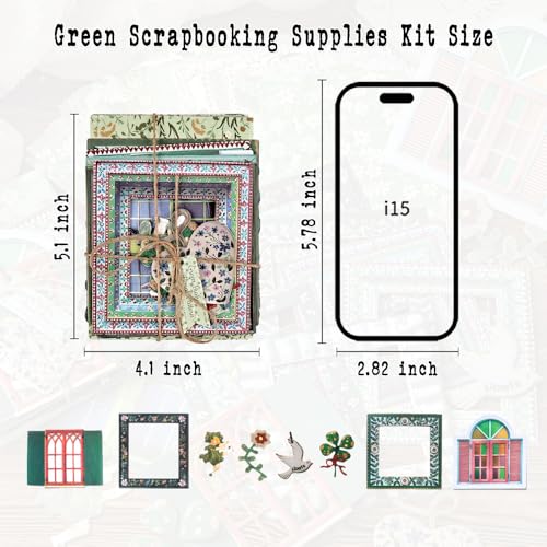 Diuhofart Scrapbooking Supplies Kit, 45 Pieces Green Aesthetic Junk Journal Kit with Scrapbook Paper, Embossed Collage Cards and Stickers for Journaling Supplies, DIY Art Craft, Collage - color: 45 Green Scrapbooking Supplies Kit