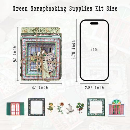 Diuhofart Scrapbooking Supplies Kit, 45 Pieces Green Aesthetic Junk Journal Kit with Scrapbook Paper, Embossed Collage Cards and Stickers for Journaling Supplies, DIY Art Craft, Collage - color: 45 Green Scrapbooking Supplies Kit