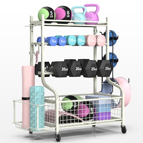 PLKOW Dumbbell Rack, Weight Rack for Dumbbells, Home Gym Storage for Dumbbells Kettlebells Yoga Mat and Balls, All in One Workout Storage with Wheels and Hooks, Powder Coated Finish Steel