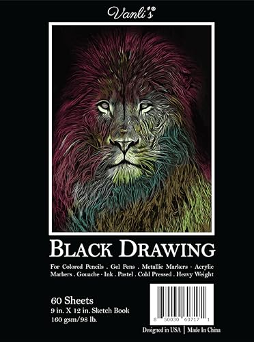 Vanli's Black Sketch Book for Drawing. Drawing Pad for Adults and Kids. Black Drawing Paper 160 GSM, 60 Sheets 9 x12 Inches. Gel Pens not Included