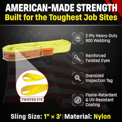 DD Sling 1 Inch x 3 Foot Nylon Lifting Sling – USA Made, 3,200 lb Vertical, 2,600 lb Choker, 6,400 lb Basket – 2-Ply Heavy Duty 900 Webbing, Type 4 Twisted Eye & Eye Rigging Sling - size: 1 in x 3 ft