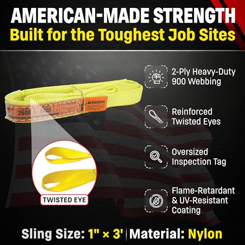 DD Sling 1 Inch x 3 Foot Nylon Lifting Sling – USA Made, 3,200 lb Vertical, 2,600 lb Choker, 6,400 lb Basket – 2-Ply Heavy Duty 900 Webbing, Type 4 Twisted Eye & Eye Rigging Sling - size: 1 in x 3 ft