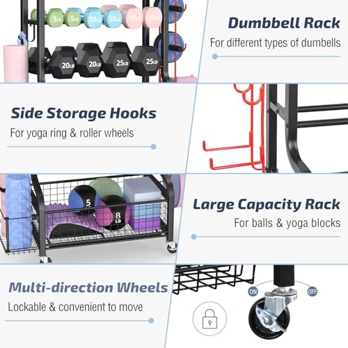 PLKOW Dumbbell Rack, Weight Rack for Dumbbells, Home Gym Storage for Dumbbells Kettlebells Yoga Mat and Balls, All in One Workout Storage with Wheels and Hooks, Powder Coated Finish Steel