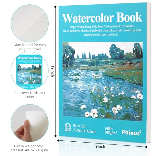 Phinus 18 Sheets Watercolor Paper 9x12 Inch, Cold Press Watercolor Sketchbook (140lb/300gsm), Tape Bound Watercolor Paper Pad for Adults Kids, Mixed Media, Markers and Art Journaling - size: 9 x12 inch