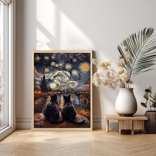 DAZZLEDOTS Starry Night Black Cat Diamond Painting Kit Round Diamond Art | 5D DIY Full Drill Diamond Dots for Adults Beginner, Diamond Paintings for Home Wall Decor Gift 12X16 Inch - color: DT060