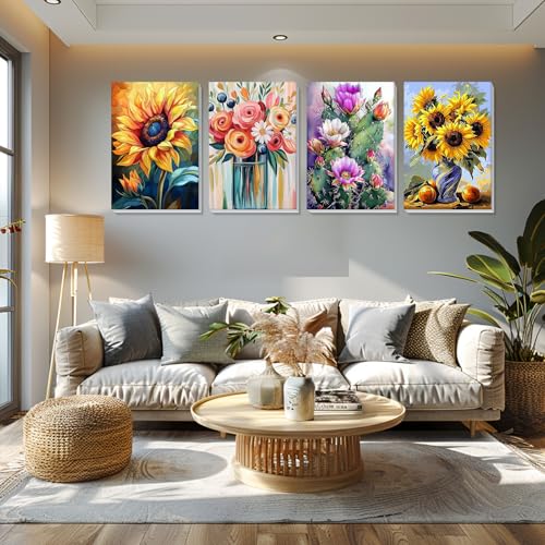 Bowetile 4 Pack Flowers Paint by Numbers for Adults Beginners Framed, Sunflower Adults' Paint-by-Number Kits, Easy Adult Paint by Number Kits on Canvas, Acrylic Number Painting for Home Decor, 8x12in - color: 8x12in-4-Sunflower-04