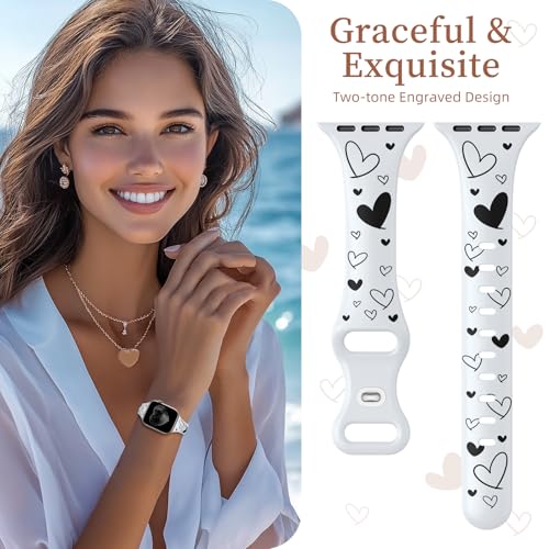 Lerobo Slim Thin Two-Tone Compatible with Apple Watch Band 40mm 38mm 41mm 42mm 44mm 45mm 46mm 49mm for Women- Soft Cute Flower/Heart Engraved Sport Band for iWatch Series 11 10 9 8 7 6 5 4 3 SE Ultra - color: B White/Black, size: 38mm/40mm/41mm/(42mm-seri