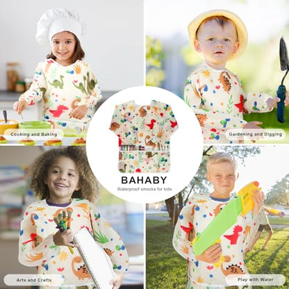 Kids Art Smocks Dinosaur Painting Aprons for Children Waterproof Artist Smock with Long Sleeve and 3 Pockets for Age 3-8 Years (Off white) - color: Off-white