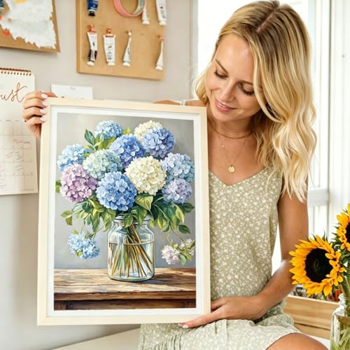 Diamond Art Painting Kits for Adults, Blue Hydrangea Flower Vase Full Drill Diamond Dots Paintings for Beginners, Round 5D Paint with Diamonds Pictures Gem Art Painting Kits DIY Crafts Kits 12x16In - color: Hydrangea