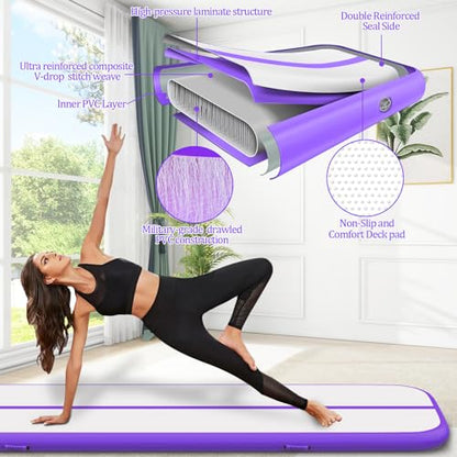 Air Mat Tumble Track, Gymnastics Mats Tumbling Track with Electric Air Pump for Home Use Cheerleading Training Kids Gym Yoga - color: Purple, size: 13ftx3.3ftx4inch
