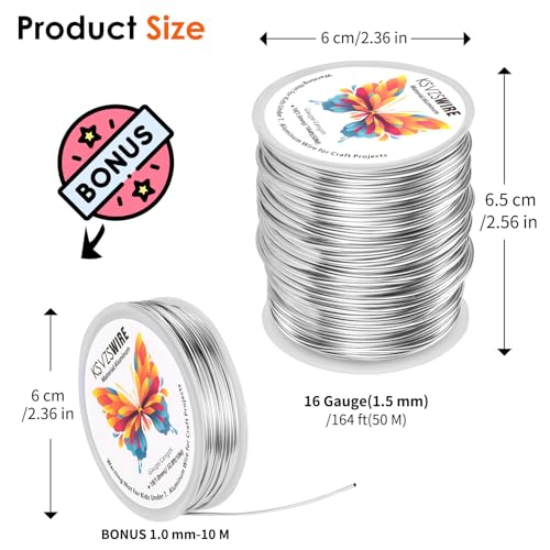 Aluminum Craft Wire 16 Gauge(1.5 mm)–164 FT(50 M)+18 Gauge (1.0 mm) 32.8FT (10 M) KSVZS Anodized Aluminum Wire,Flexible Metal Wire for Crafts,Sculpting,Jewelry Making,Armature and DIY Crafts(Silver) - size: 16 Gauge