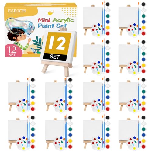 ESRICH 12 Set Mini Acrylic Paint Kit, Mini Stretched Canvas with Easel | Acrylic Paint Strips, Paint Palettes, Painting Brushes, Mini Canvas and Easel Set for Kids Artists Beginner, Gift