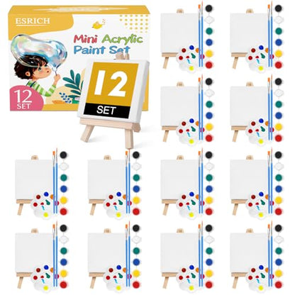 ESRICH 12 Set Mini Acrylic Paint Kit, Mini Stretched Canvas with Easel | Acrylic Paint Strips, Paint Palettes, Painting Brushes, Mini Canvas and Easel Set for Kids Artists Beginner, Gift