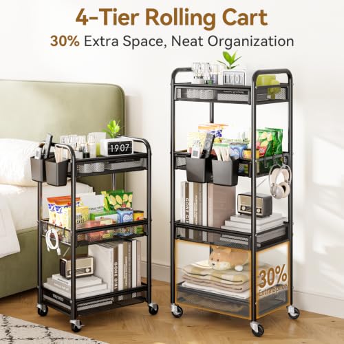 YASONIC 4 Tier Rolling Cart – Rolling Storage Cart with Wheels - color: Black, size: 4-tier