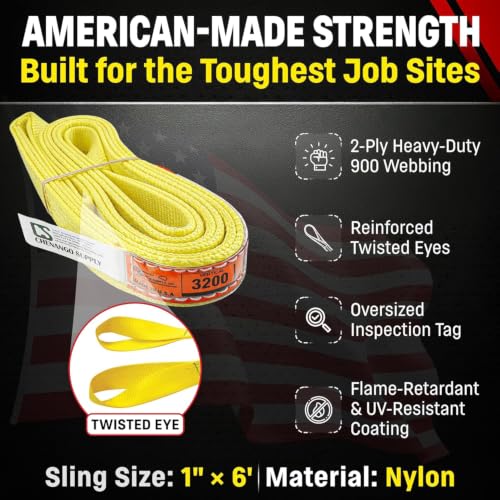 DD Sling 1 Inch x 6 Foot Nylon Lifting Sling – USA Made, 3,200 lb Vertical, 2,600 lb Choker, 6,400 lb Basket – 2-Ply Heavy Duty 900 Webbing, Type 4 Twisted Eye & Eye Rigging Sling, Safety Orange - size: 1 in x 6 ft