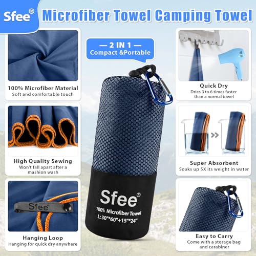 Sfee 2 Pack Microfiber Travel Towel, Quick Dry Towel Camping Towel Large Beach Towel Super Absorbent Compact Lightweight Sports Gym Towels for Beach, Gym, Hiking, Pool, Backpacking, Bath, Yoga - color: Navy Blue, size: L 60"x30"+24"x15"