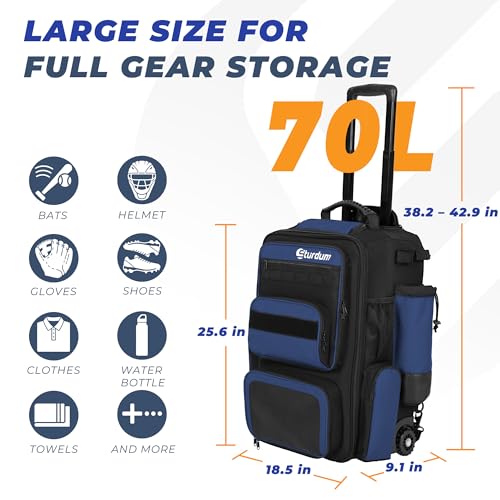 Rolling Baseball Bag with Wheels, 70L Baseball Backpack - color: Blue