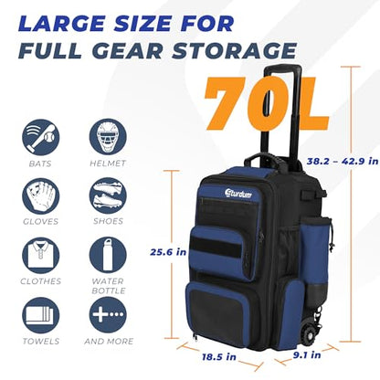 Rolling Baseball Bag with Wheels, 70L Baseball Backpack - color: Blue