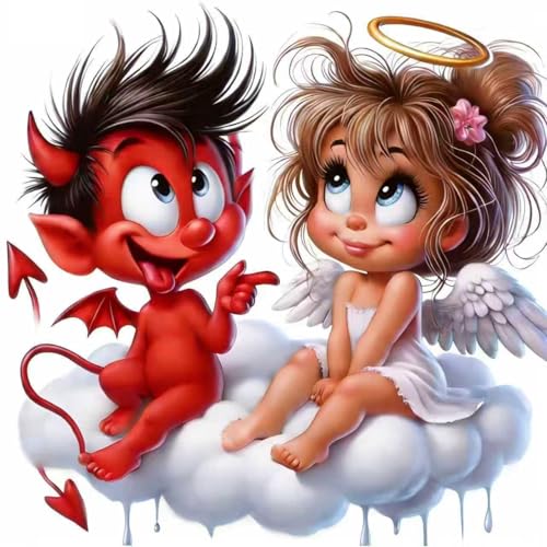 Adult 5D Diamond Painting Set, Cartoon Colorful Angel and Demon Diamond Painting Set, DIY Full Diamond Dot Gemstone Art Set, Suitable for Adult Beginners, Wall and Home Decoration, 14 x 14 inches - color: Cartoon Colorful Angel and Demon