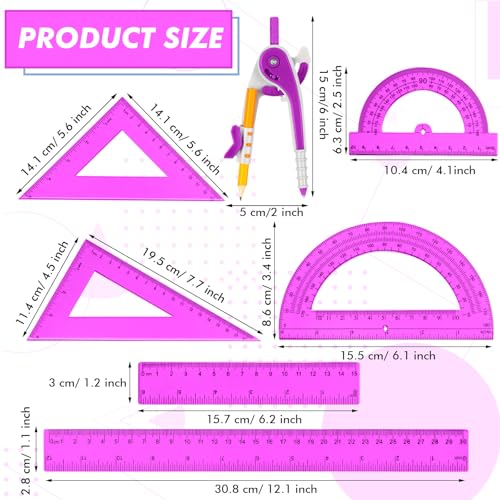 Zonon 1 Set Plastic Geometry Math Set 7 Pcs Includes 6'' / 4 '' Protractor, Drawing Compass, 45/60 Degree Triangle Rulers, 12'' / 6'' Math Ruler Transparent for Office Supplies(Purple) - color: Purple