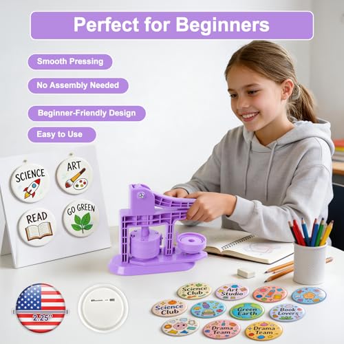 Happizza Button Maker Machine 58mm/2.25in, Pin Maker Machine Kit with 30 Buton Parts, DlY Badge Maker, Purple Button Press Machine, Perfect Beginner Experience Kit, Ideal for School, Parties, Events - color: Purple