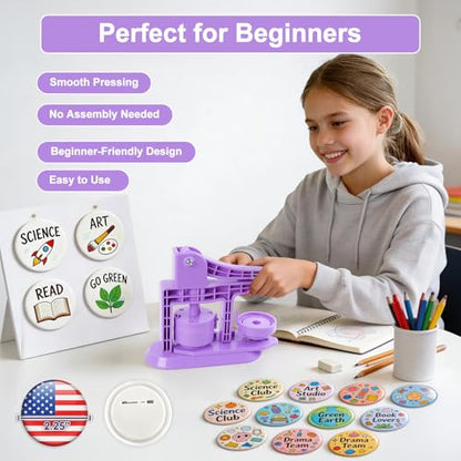 Happizza Button Maker Machine 58mm/2.25in, Pin Maker Machine Kit with 30 Buton Parts, DlY Badge Maker, Purple Button Press Machine, Perfect Beginner Experience Kit, Ideal for School, Parties, Events - color: Purple