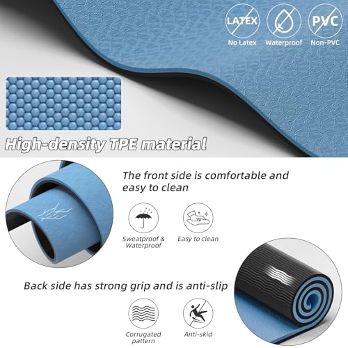Large Exercise Mat | 10mm Thick TPE Non-slip Gym Mats, Carrying Strap - color: blue/black