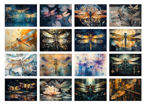 Decoupage Paper Pack (35 Sheets 6"x8") Dragonfly Jewel Garden ~ Stylized Dragonflies with Iridescent Wings in Jewel-Toned Fantasy Gardens, Illustrated in Stained Glass and Soft-Focus Surreal Style - color: Three