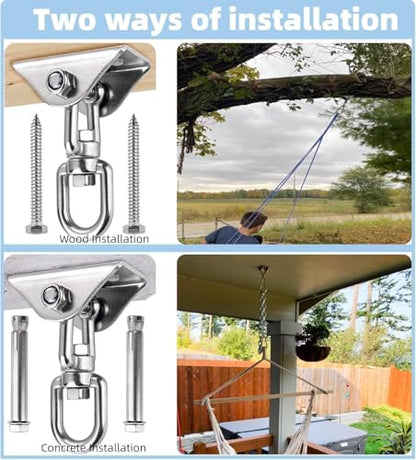 Swing Hanger for Wooden & Concrete Swing Set, 2000LB Capacity Hammock Hanger 360°Rotate Stainless Steel Swing Hammock Hanging Kit Hardware, Heavy Duty Swing Brackets for Porch Playground Yoga-2 Packs