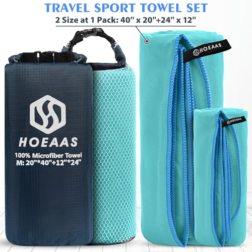 HOEAAS 2 Pack Microfiber Camping Towels, Quick Dry Towel, Super Absorbent Ultra Compact Travel Towel Soft Lightweight Sports Towel for Sweat Fast Drying Towels for Pool,Gym,Hiking,Backpacking,Fitness - color: Mint, size: M: 40" x 20"+24" x 12"