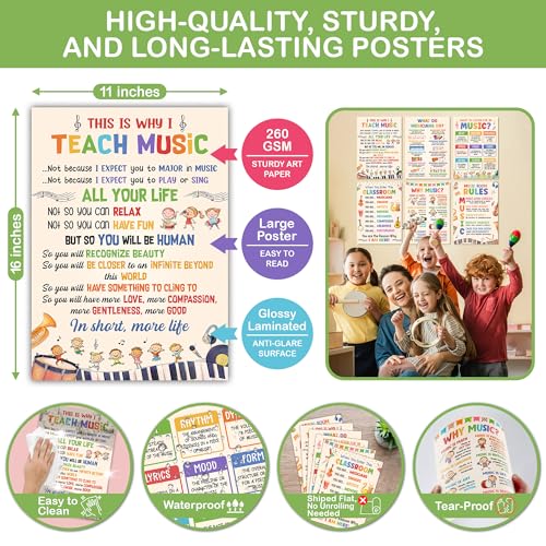 Lalunia 6 Pcs Music Classroom Posters (11"x16") - Why Music Classroom Rules Posters for Bulletin Board Decorations, Teacher Supplies, Musical Education Decor for Elementary Middle School - color: Music