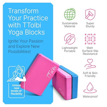 Yoga Blocks 2 Pack with Strap and Guide – Soft Non-Slip EVA Foam Blocks | High-Density Pilates Blocks for Home Workouts, Dance, Ballet, Gymnastics & Stretching Exercise, Dance Accessories and Gifts - color: Pink/Blue & Stretch Band Pink
