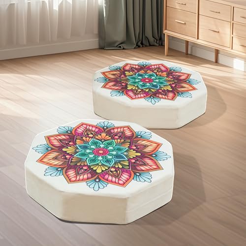 Octagonal Floor Pillow, Large 22" Cushion with Memory Foam and Soft Velvet Cover, Ideal for Comfortable Seating, This Multi-Color Mandala Design Enhances Living Room Decor.